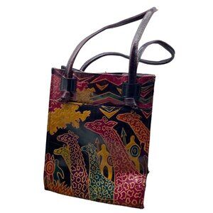 Vintage Hato Hasi Leather Colorful Giraffe Trees Shoulder Bag Purse 9”x5”x8”